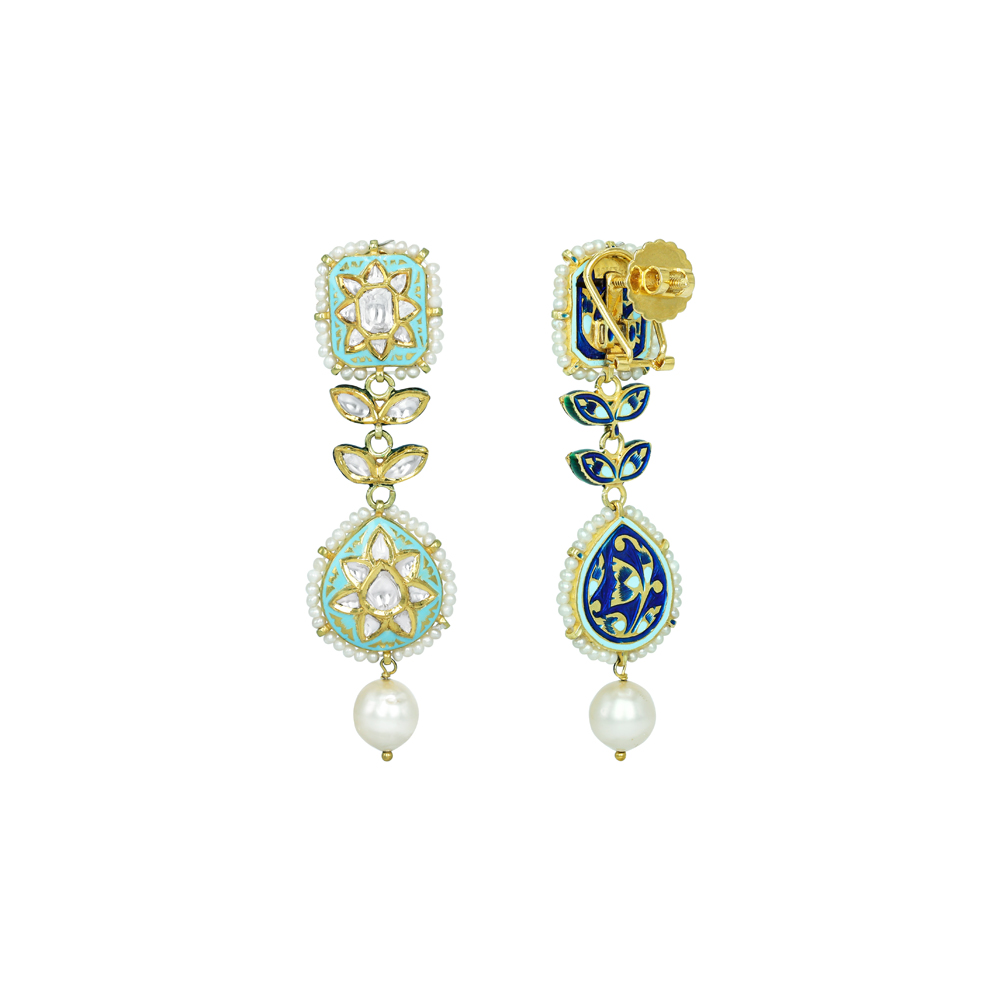 Square and Teardrop Polki Earrings with Turquoise Enamel and Pearl Drop